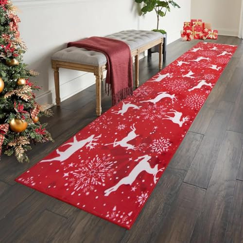 Carvapet Weihnachten Läufer Teppich 60x300cm rutschfest Lang Weihnachtsteppich Weiche Mikrofaser Schneeflocke Rentier Weihnachten Rot Waschbar Teppichläufer Küchenteppich Flächenteppich Laufteppich