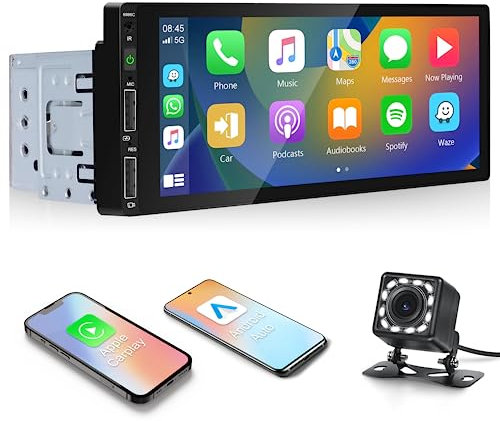 Single Din Car Stereo Wireless CarPlay, Rimoody 6.86 1 Din Touchscreen Car Radio with Android Auto Bluetooth FM Radio EQ Mirror Link Car mp5 Player TF/USB Rear View Camera