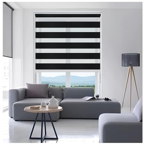 Ruby Deals Day and Night Roller Blinds Window- Dual Layer Fabric Zebra Roller Blind for Windows and Door Curtain- Day Night Blinds (Black, W 213 x H165cm)