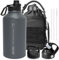 OneTigris 2 Litre Insulated Water Bottle Stainless Steel Water Jug with Straw, Leak Proof Flask with 3 Lids, Portable Pouch for Thermos Cup Outdoor Sport Gym, 64OZ, Grey