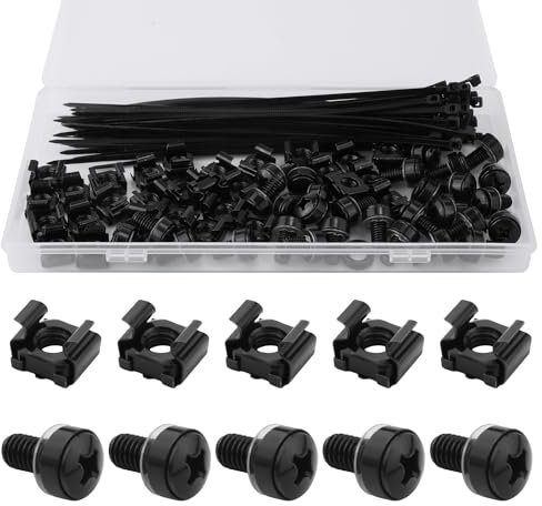 30pcs M6x16 Rack Mount Cage Nuts & Screws, with 50pcs Zip Ties Stainless Steel Mounting Screws and Square Nuts Accessories for Server Rack Cabinet Router Shelves (Black)