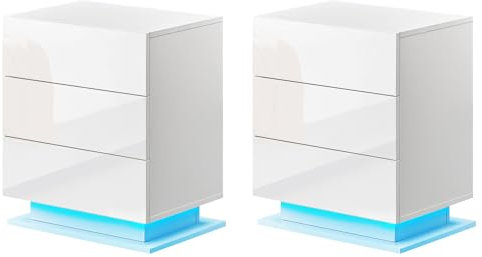 CLIPOP Set of 2 High Gloss Front Bedside Table 3 Drawers Nightstand with 16 RGB LED Lights, Chest of 3 Drawer Cabinet for Bedroom Living Room Office