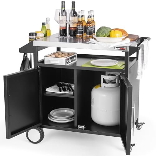 OuterMust Tavolo da cucina per esterni, tavolo da cucina mobile e bar per la conservazione, barbecue e forno per pizza, multifunzione, argento e nero
