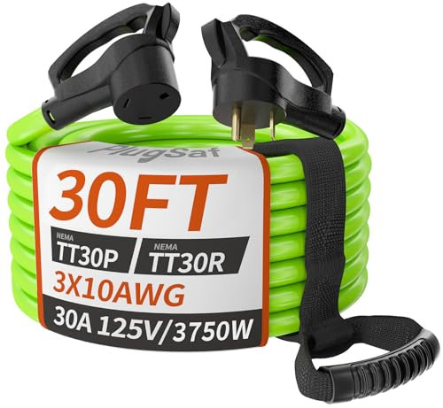 PlugSaf - Cavo di prolunga per roulotte da 30 piedi e 30 Amp per esterni con impugnatura di presa, calibro 10/3, cavo di alimentazione flessibile impermeabile, NEMA TT-30P a NEMA TT-30R,