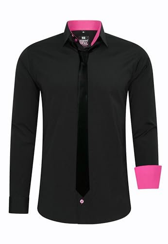 Rusty Neal Herren-Hemd Premium Slim Fit Langarm Stretch Kontrast Hemd mit Krawatte Business-Hemden Outfit Freizeithemd Set 44_99, Größe:6XL, Farbe:Schwarz/Pink