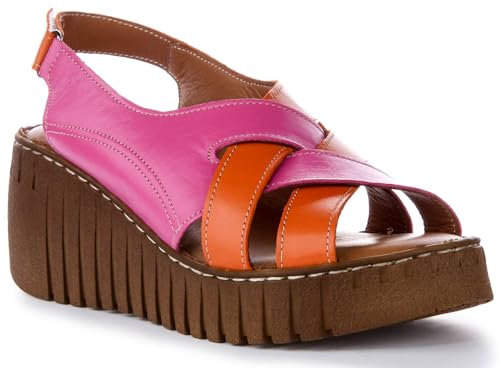 JUSTINREESS ENGLAND Adele Sf Damen Leder Keilschuhe Offene Zehe Kreuzriemen Niedriger Keilabsatz, Orange, 40 EU
