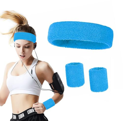 Zeayebsr 3pcs cinta pelo deporte niño,muñequera deportiva,cinta pelo mujer,Deportes Diadema Muñequera Set Suave Algodón Deportes Sudor Toalla para Hombres Mujeres Fitness Tenis Fútbol Accesorios