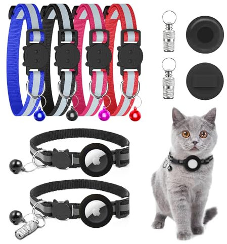 KitoLee Airtag Katzenhalsband Reflektierend Mit Glöckchen (4 Farben, 2 Apple Airtag-Halter und 2 ID-Tags)