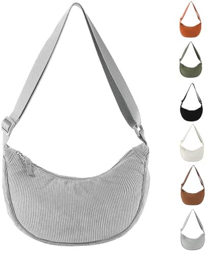 Uwiyo Halbmond Tasche Damen Cord Crossbody Moon Bag Hobo Halfmoon Bag Halbmond Umhängetasche Dumpling Schultertasche mit verstellbarem Gurt für Damen Mädchen (Grau)