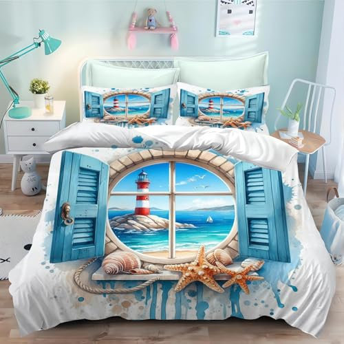 SMchwbc Leuchtturm Bettwäsche 135x200 Ozean Leuchtturm Strand Bettbezug für Mädchen Jungen Weiche Mikrofaser Leuchtturm und Meer Bettwäsche Set Mit Reißverschluss (3,135 x 200 cm)