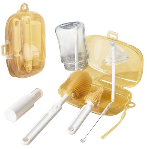 6-in-1 Travel Baby Bottle Brush Set - Portable Silicone Brushes, Straw & Nipple Brush, Dispenser Bottles, Drying Rack & Storage Box