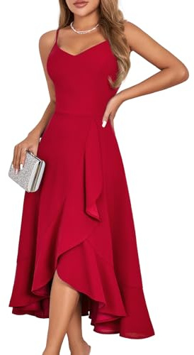 DRESSTELLS Cocktailkleid Damen Festlich Träger Hochtief Kleid für Hochzeit Knielang Weihnachtsfeier Kleider Elegantes Partykleid