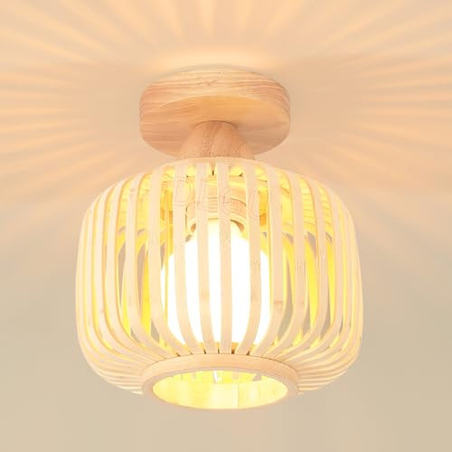 iDEGU Vintage Plafonnier 18CM Lustre Industriel en Bambou et Bois Cage Suspension Luminaire Abat-Jour Rétro Éclairage E27 Lampe de Plafond Moderne pour Chambre Salon Café Entrée Couloir (Bambou)