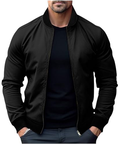 Jacke Herren Basic Bomberjacke Freizeit Übergangsjacke Leichte Dünne Herren-Jacken Bequeme Sportjacke ohne Kapuze Casual Blouson Winterjacke Große Größen Jacket Blitzangebote Schwarz M