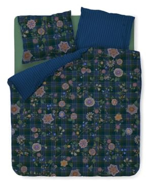 Pip Studio Bettwäsche Flores Felices Dunkelblau Perkal Blüten Kariert Zweige Blätter Beeren Blüten, Größe:200 cm x 200 cm