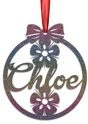 KreateSquare Personalised Christmas Bauble, 950 GSM (1.7 mm) Double-Sided Glitter Xmas Tree Decoration, Custom Name Baubles, Red - White & Green Xmas Ornaments (Pastel Rainbow, Flower)