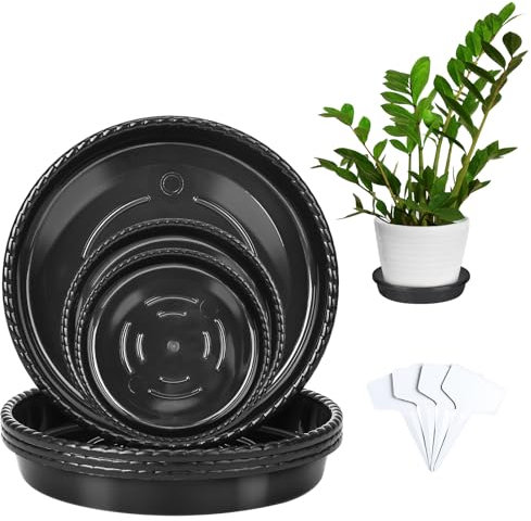 12Pcs Plant Pot Saucers with Label, Black Plant Saucer Waterproof Plant Tray , Deepened Flower Pot Drip Tray with Raised Dots Anti Root Rot for Indoor Outdoor Garden Plants (13 cm/15cm/23cm)