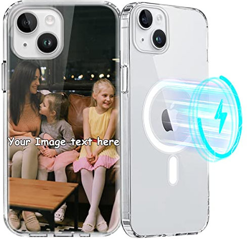 Yoedge Personalisierte Handyhülle für iPhone 15 6,1, [Kompatibel mit MagSafe] Magnetisch Hülle mit Eigenem Foto Bild Text Schutzhülle Selbst Gestalten, Transparent Weiche Dünn Silikon Case