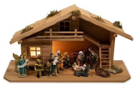 mgc24 Weihnachtskrippe Tischkrippe aus Holz, komplettes Krippenspiel mit Krippenstall und handbemalten Krippenfiguren aus Kunstharz, LED-Beleuchtung