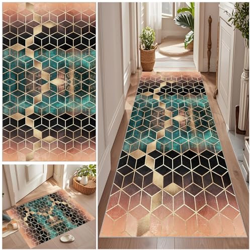 Teppich Läufer Flur Lang 60 x 80 cm Rutschfest Küche Teppich Waschbar Korridor Teppich Flurläufer Lang Korridor Teppich Läufer Flur Vintage Teppich für Wohnzimmer Küche Schlafzimmer Meterware