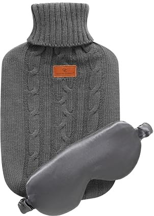 Hot Water Bottle' with Knit Fleece Cover - 2 Sided 1.7L Fluffy Hot Water Bottle for Adults with Eye Mask - Extra Comfrot Cosy Water Bottle Bag - Period, Stomach Cramps, Back, Neck & Body Pains Relief