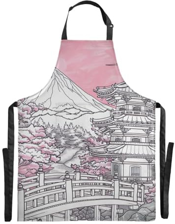 Takiito Chinese Pavilion Kitchen Apron with 2 Pockets for Cooking Crafting BBQ Drawing, Water and Oil Resistant Adjustable Bib Apron for Women Men