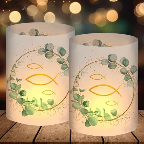 12 Windlicht Tischdeko Kommunion, Konfirmation, Taufe, Firmung und mehr, Erstkommunion Deko Eukalyptus Grün, Taufdeko Junge Mädchen Gastgeschenke Geschenke, für Teelichter oder Kerzen