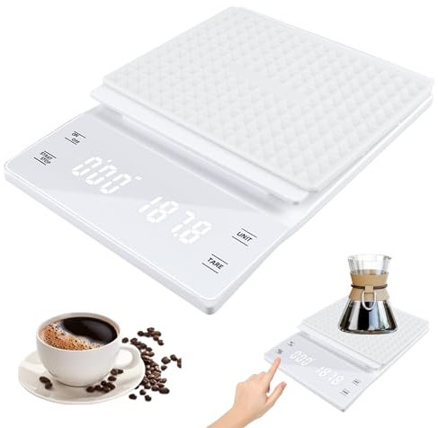 WIYETY Digitale Kaffeewaage mit Timer: Wiederaufladbare Kaffee Waage mit 0,1g Hohe Präzision, Espresso Waage mit LED Display & Tara Funktion, Küchenwaage, für Filterkaffee, Max. Gewicht 3 Kg - Weiß