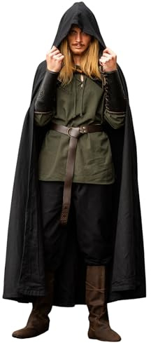 Leonardo Carbone® Unisex Umhang Johannes | Kapuze Mit Knebelknopf | LARP, Karneval, Halloween, Cosplay, Mittelalter, Cape, Mantel, Kostüm, Verkleidung | 100% Baumwolle Schwarz Einheitsgröße