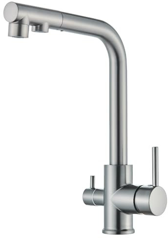 HARNART 3 Wege Wasserhahn Küche, 360° Drehbar Küchenarmatur, 3 in 1 Mischbatterie für Wasserfilter, Trinkwasserhahn mit 2 Hebel, Drei Wege Armatur Küche aus Edelstahl, Graphitgrau