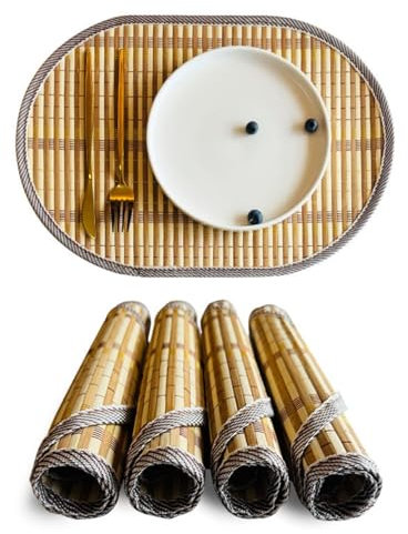 Ueiwffzo 4er Tischset Set Oval Gewickeltes Bambus Tischset Platzsets Abwaschbar, Tischsets Set Platzdeckchen Hitzebeständig 43x30cm Platzdeckchen für Party, Küche Dekor