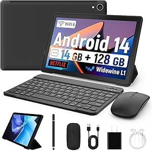 ryesug Tablet 10 Inch Android 14, 14GB RAM 1TB Expand, Widevine L1丨WiFi6丨2 in 1 Tablets with Keyboard丨Mouse丨Tablet Case丨Headphone丨Stylus-Black
