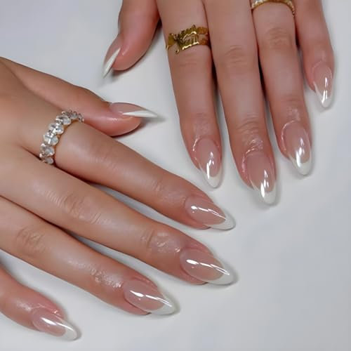 French Tip False Nails - 24Pcs Almond Press on Nails - Soft Gel Fake Nail with Glue in Medium Length - Reusable Semi-Transparent Stick on Nails for Women, Mermaid