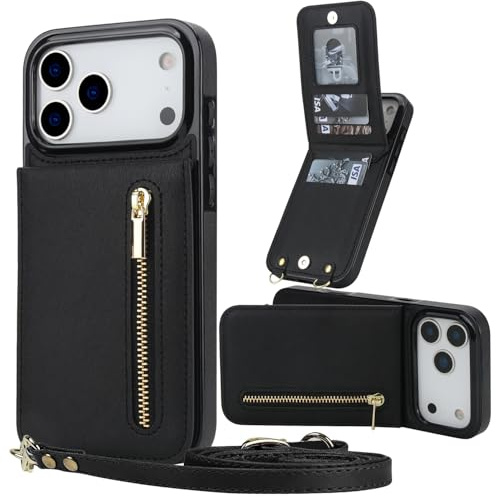 MODFYN Handykette Hülle für Apple iPhone 18 Pro mit Band.Black | PU Leder mit Kartenfach Ständer Brieftasche Klapphülle Frauen Handyhülle für iPhone 18 Pro / 17 Pro