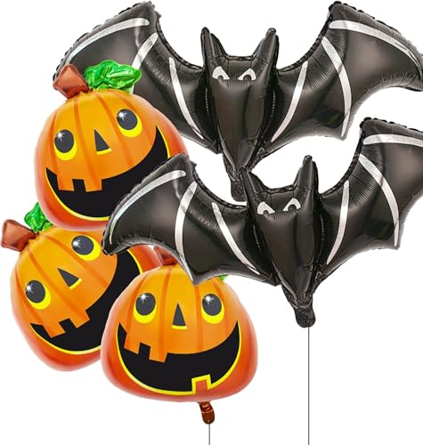 5 x Halloween-Party-Ballons, Dekoration, große schwarze Fledermaus-orangefarbene Kürbis-Halloween-Folienballons für Geburtstag, Babyparty, Süßes oder Saures, Party-Dekoration