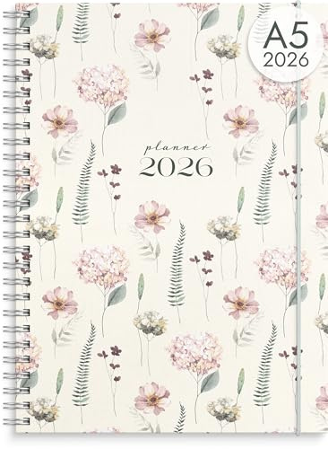 Burde Senator A5 Story Fleur 2026, A5-Kalender mit Spiralbindung, kompakt & elegant, Schul- & Geschäftsplaner, datiert, wöchentliches Tagebuch, fester Einband