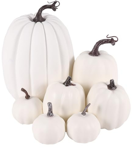 Qusedwey Halloween White Artificial Pumpkin Decoration Foam Pumpkin Desktop Core Thanksgiving Halloween Decoration 7 Pieces