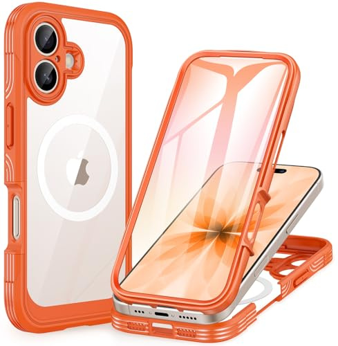 CENHUFO Compatible with iPhone 17 Case Built-in Glass Screen Protector and Full Camera Protection, Fits for Magsafe, 360 Full Body Shockproof Bumper Clear Phone Case for iPhone 17 6.3 Inch -Orange