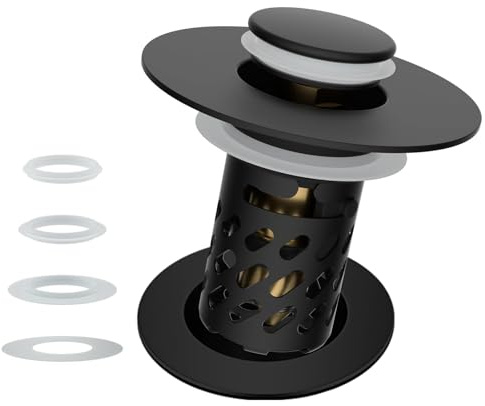 iFealClear Upgraded 3 in 1 Bathroom Sink Plug, Hair Catcher, Pop Up Sink Strainer Plug with Detachable Stainless Steel Filter Basket, Fits Sink Holes' Diameter of 30-46 mm and a Depth > 50 mm, Black