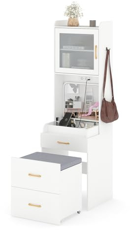 GIANTEX Sminkbord med hopfällbar spegel, toalettbord med mobil förvaringspall, sminkbord med skåp, fack, 2 krokar och 2 lådor, uttag, sminkbord set 52 × 52 × 175 cm, vitt