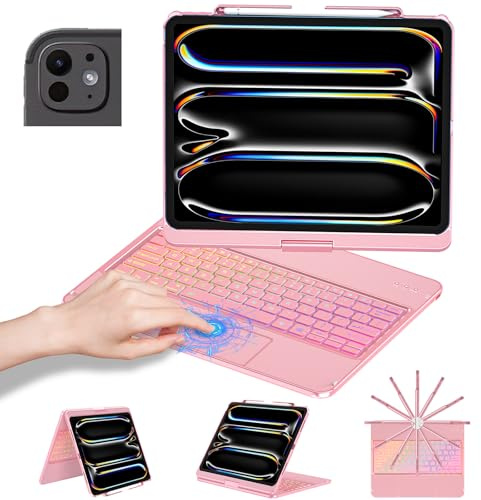 aMZCaSE Funda con teclado para iPad 13 (M5/M4), trackpad, rotación de 360° | Retroiluminación de 7 colores, soporte para lápices, encendido y apagado inteligente, apto para 2024-2025, oro rosa