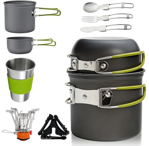 Demlaka Set di stoviglie da campeggio, set di posate da campeggio, versatile da campeggio, in alluminio, con manici pieghevoli e mini fornello per backpacking, picnic, escursionismo