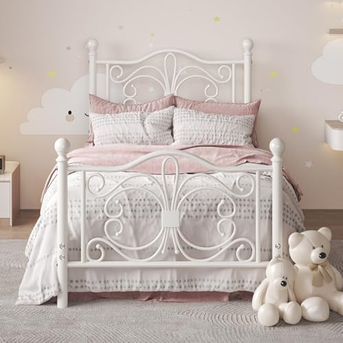 Bett 90x200 mit Schmetterlingsmuster Kopf und Fußteil, Metallbett, Weiß | Einzelbett 90x200 cm aus Metall, 26,5cm hohem Stauraum unter dem Bett Kein Lattenrost Erforderlich, Einfache Montage