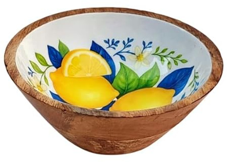 SIGNES GRIMALT Bol Motif Citrons – Bois de Manguier & Résine – Décor Agrumes Jaune Bleu – Ø 15 cm – Collection HappyDko