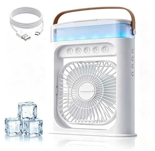 Bwaliffury Mini Condizionatore Portatile 4 in 1, Raffreddatore d'aria 500ML, Climatizzatore Portatile, Raffrescatore d'Aria, USB Ventilatore, 3 Velocità, 3 Modalità Nebbia, 7 Luci Colorate, Timer 1-3H
