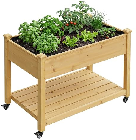 Relaxdays Hochbeet, Rollen, Ablage, HxBxT: 84 x 105 x 56,5 cm, Garten, Balkon & Terrasse, Pflanztisch, Tannenholz, Natur