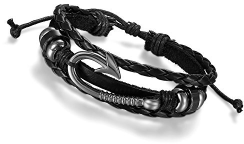 Flongo Men's Womens Tribal Nautical Fish Hook Black Leather Wrap Bangle Cuff Bracelet, Fit 8-10 inch Wrist