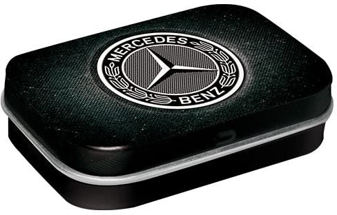 Nostalgic-Art Retro Pillendose, 4 x 6 x 1,6 cm, Mercedes-Benz – Logo Black – Geschenk-Idee für Mercedes-Benz Fans, Original Lizenzprodukt (OLP), mit Pfefferminz-Dragees, Vintage Design