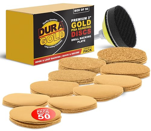 Dura-Gold - Premium - Variety Pack (40,60,80,120,220,320,400,600,800,1000) - 3 Gold Hook & Loop Sanding Discs for DA Sanders - Box of 50 Sandpaper Finishing Discs for Automotive and Woodworking