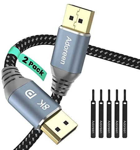 Adoreen - Cavo DisplayPort 1.4, UHD 8K DP 2 m (2 pezzi) per 8K a 60Hz, 4K a 144Hz, 2K a 240HZ, HBR3 HDCP2.2 HDR 32.4Gbps DP a DP compatibile 3D Laptop PC TV Gaming Monitor con 5 fascette in velcro